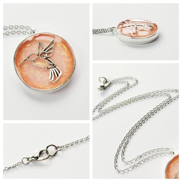 Hummingbird Pendant Necklace Metallic Peach Silver Round Bezel Handmade Necklace - Picture 5 of 9